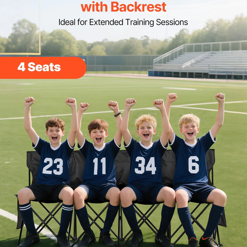 VEVOR pārnēsājams salokāms soliņš 4 personām ar atzveltni, futbola komandas rezerves soliņš ar sānu kabatām un pārnēsāšanas somu, viegls sēdvietu risinājums sportam, kempingam un āra pasākumiem, melns