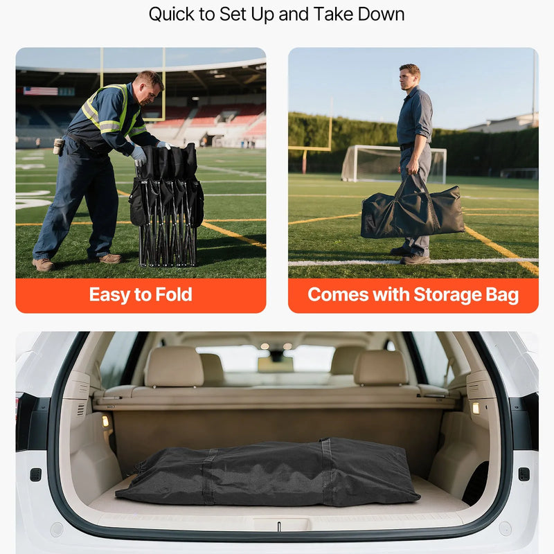 VEVOR pārnēsājams salokāms soliņš 4 personām ar atzveltni, futbola komandas rezerves soliņš ar sānu kabatām un pārnēsāšanas somu, viegls sēdvietu risinājums sportam, kempingam un āra pasākumiem, melns
