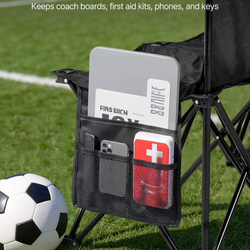VEVOR pārnēsājams salokāms soliņš 4 personām ar atzveltni, futbola komandas rezerves soliņš ar sānu kabatām un pārnēsāšanas somu, viegls sēdvietu risinājums sportam, kempingam un āra pasākumiem, melns
