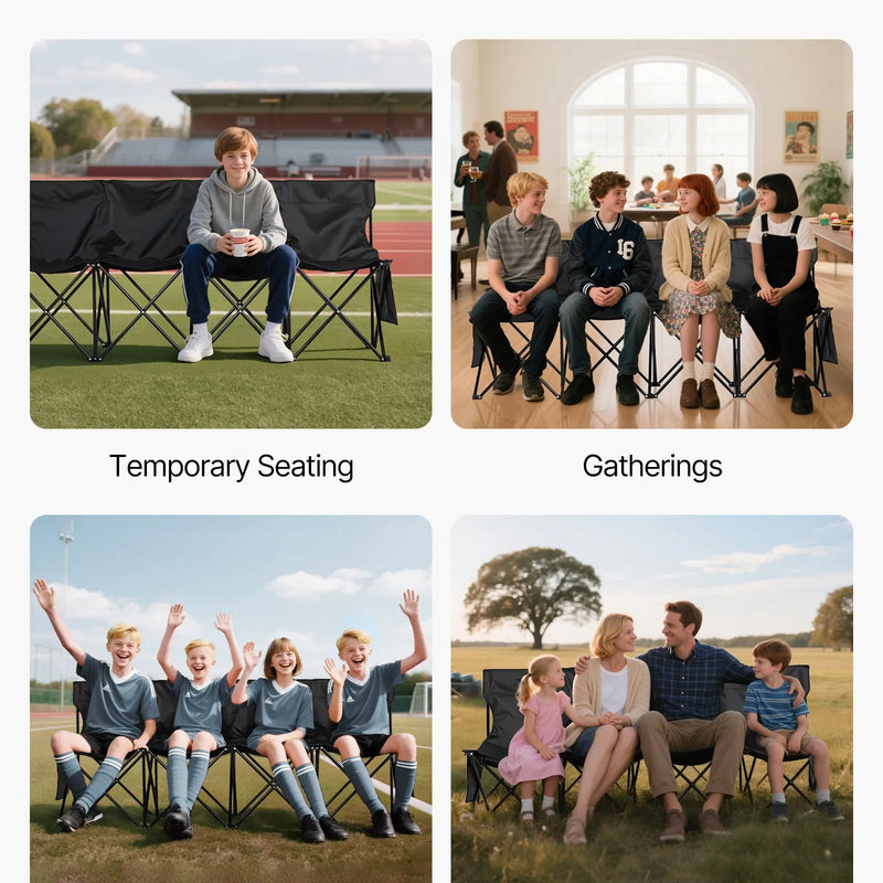 VEVOR pārnēsājams salokāms soliņš 4 personām ar atzveltni, futbola komandas rezerves soliņš ar sānu kabatām un pārnēsāšanas somu, viegls sēdvietu risinājums sportam, kempingam un āra pasākumiem, melns