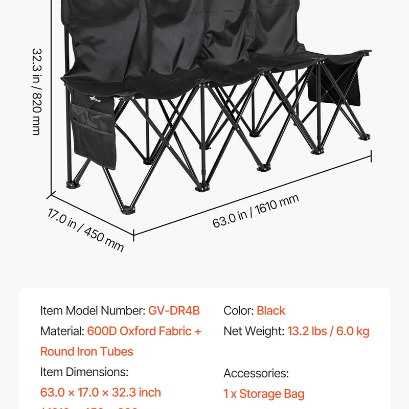 VEVOR pārnēsājams salokāms soliņš 4 personām ar atzveltni, futbola komandas rezerves soliņš ar sānu kabatām un pārnēsāšanas somu, viegls sēdvietu risinājums sportam, kempingam un āra pasākumiem, melns