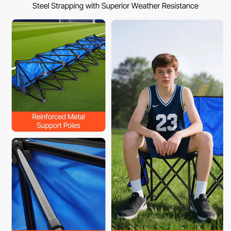 VEVOR pārnēsājams salokāms soliņš 6 personām ar atzveltni, futbola komandas rezerves soliņš ar sānu kabatām un pārnēsāšanas somu, viegls sēdvietu risinājums sportam, kempingam un āra pasākumiem, zils