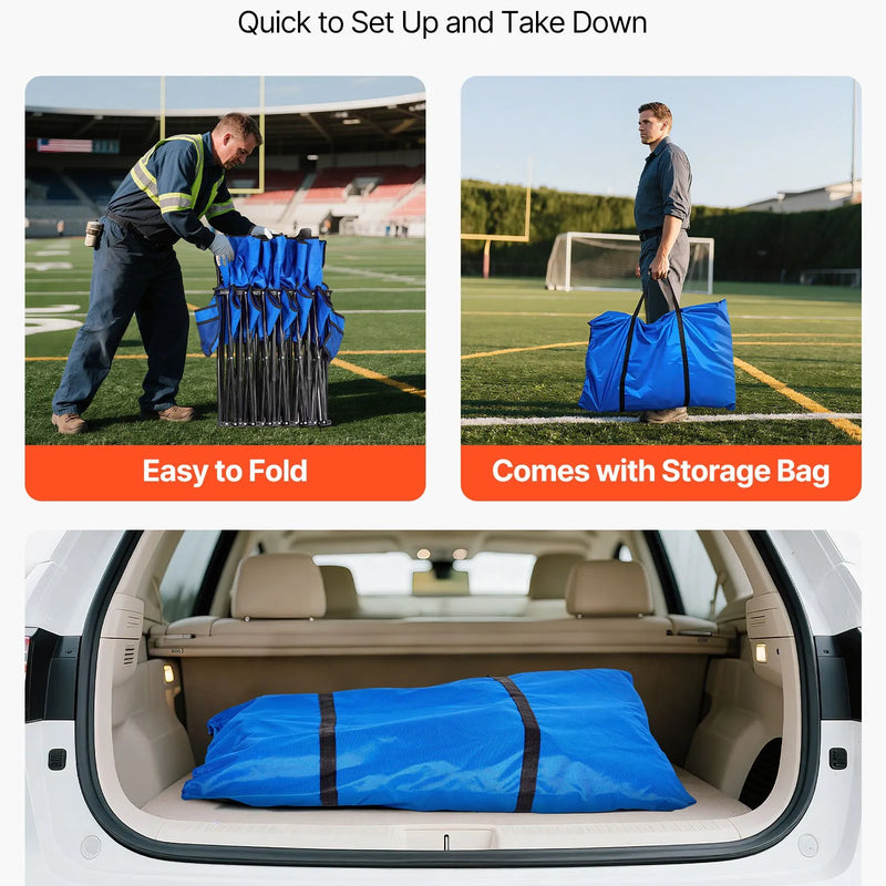 VEVOR pārnēsājams salokāms soliņš 6 personām ar atzveltni, futbola komandas rezerves soliņš ar sānu kabatām un pārnēsāšanas somu, viegls sēdvietu risinājums sportam, kempingam un āra pasākumiem, zils