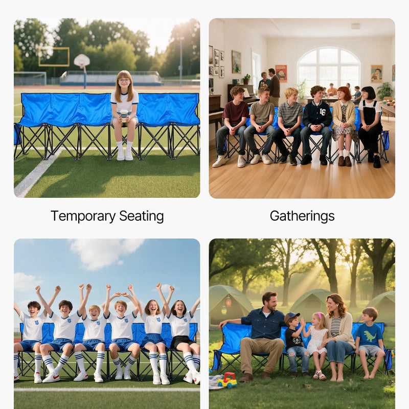 VEVOR pārnēsājams salokāms soliņš 6 personām ar atzveltni, futbola komandas rezerves soliņš ar sānu kabatām un pārnēsāšanas somu, viegls sēdvietu risinājums sportam, kempingam un āra pasākumiem, zils