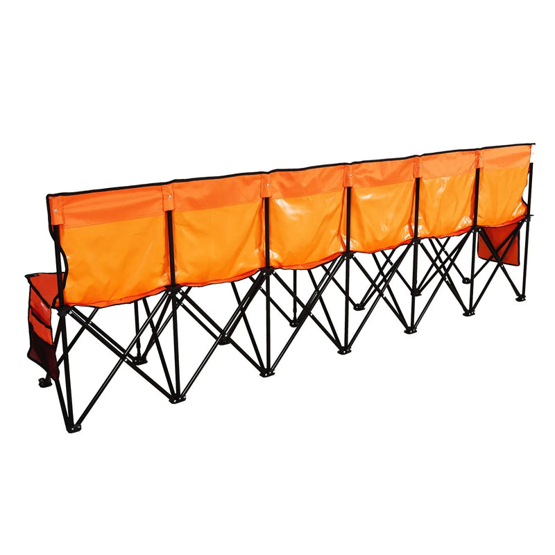 VEVOR pārnēsājams salokāms soliņš 6 personām ar atzveltni, futbola komandas rezerves soliņš ar sānu kabatām un pārnēsāšanas somu, viegls sēdvietu risinājums sportam, kempingam un āra pasākumiem, oranžs