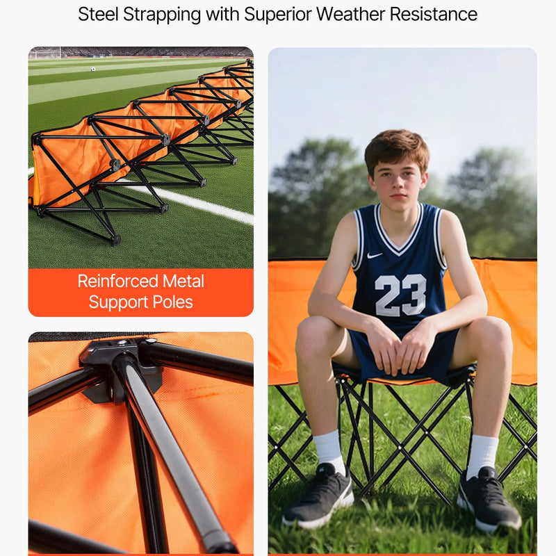 VEVOR pārnēsājams salokāms soliņš 6 personām ar atzveltni, futbola komandas rezerves soliņš ar sānu kabatām un pārnēsāšanas somu, viegls sēdvietu risinājums sportam, kempingam un āra pasākumiem, oranžs
