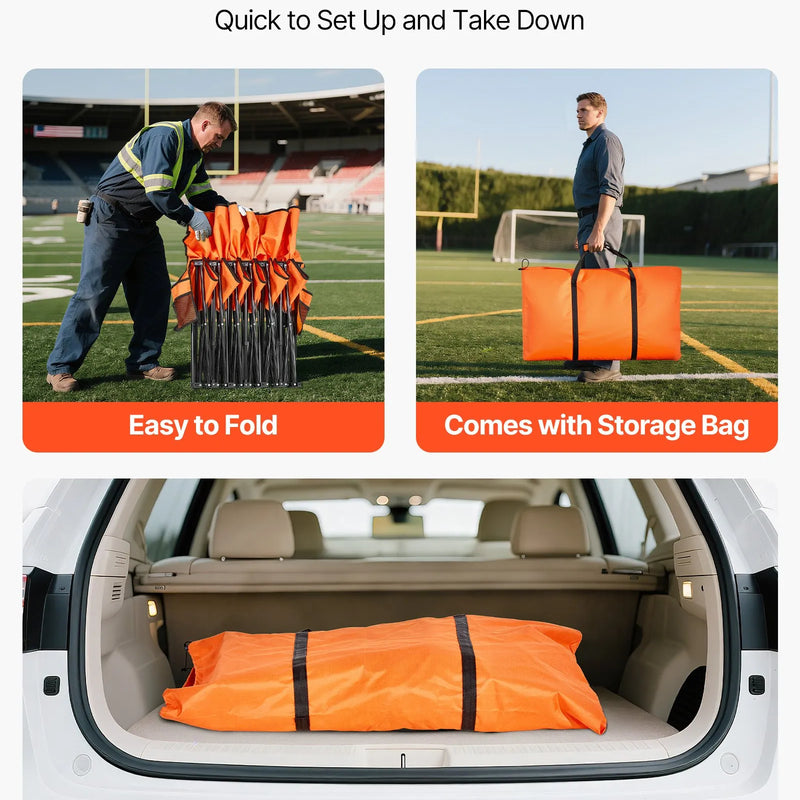 VEVOR pārnēsājams salokāms soliņš 6 personām ar atzveltni, futbola komandas rezerves soliņš ar sānu kabatām un pārnēsāšanas somu, viegls sēdvietu risinājums sportam, kempingam un āra pasākumiem, oranžs