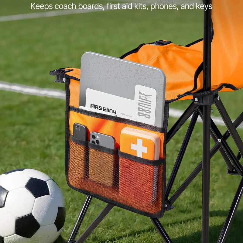VEVOR pārnēsājams salokāms soliņš 6 personām ar atzveltni, futbola komandas rezerves soliņš ar sānu kabatām un pārnēsāšanas somu, viegls sēdvietu risinājums sportam, kempingam un āra pasākumiem, oranžs
