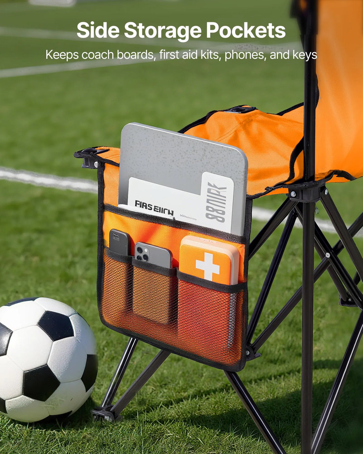 VEVOR pārnēsājams salokāms soliņš 6 personām ar atzveltni, futbola komandas rezerves soliņš ar sānu kabatām un pārnēsāšanas somu, viegls sēdvietu risinājums sportam, kempingam un āra pasākumiem, oranžs - ZEMLETES.LV