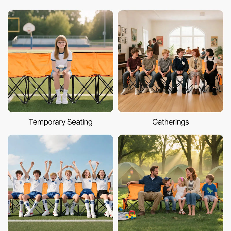 VEVOR pārnēsājams salokāms soliņš 6 personām ar atzveltni, futbola komandas rezerves soliņš ar sānu kabatām un pārnēsāšanas somu, viegls sēdvietu risinājums sportam, kempingam un āra pasākumiem, oranžs