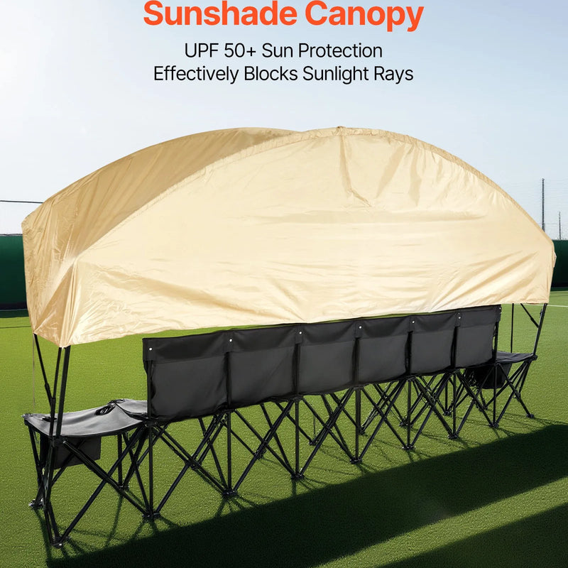 VEVOR pārnēsājams salokāms soliņš 6 personām ar saulessargu, sānu kabatām un glāžu turētājiem, futbola komandas rezerves soliņš ar pārnēsāšanas somu, viegls sēdvietu risinājums sportam, kempingam un āra pasākumiem, melns