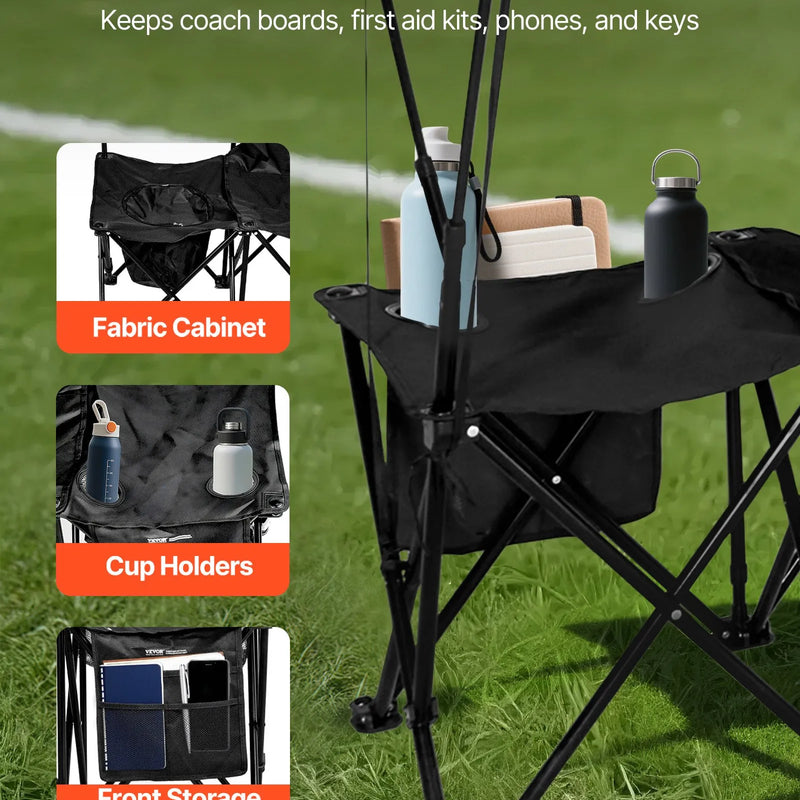 VEVOR pārnēsājams salokāms soliņš 6 personām ar saulessargu, sānu kabatām un glāžu turētājiem, futbola komandas rezerves soliņš ar pārnēsāšanas somu, viegls sēdvietu risinājums sportam, kempingam un āra pasākumiem, melns