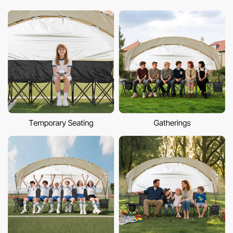 VEVOR pārnēsājams salokāms soliņš 6 personām ar saulessargu, sānu kabatām un glāžu turētājiem, futbola komandas rezerves soliņš ar pārnēsāšanas somu, viegls sēdvietu risinājums sportam, kempingam un āra pasākumiem, melns