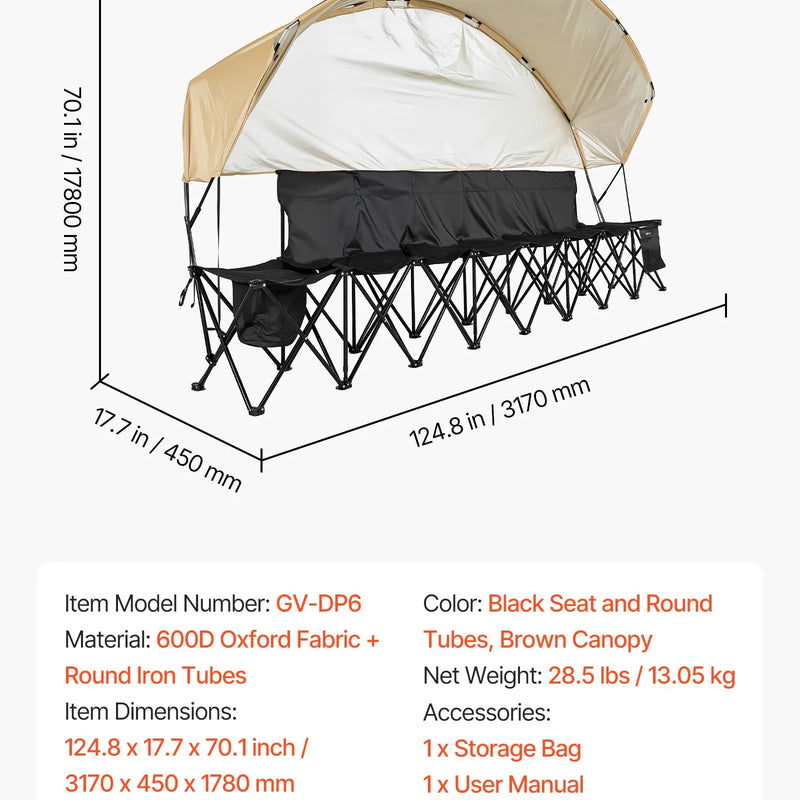 VEVOR pārnēsājams salokāms soliņš 6 personām ar saulessargu, sānu kabatām un glāžu turētājiem, futbola komandas rezerves soliņš ar pārnēsāšanas somu, viegls sēdvietu risinājums sportam, kempingam un āra pasākumiem, melns
