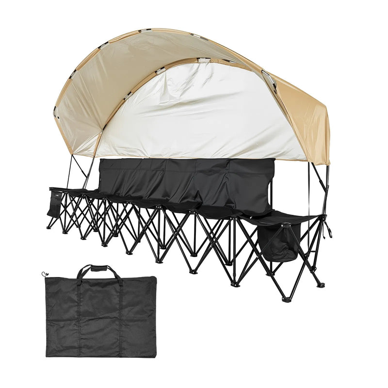 VEVOR pārnēsājams salokāms soliņš 6 personām ar saulessargu, sānu kabatām un glāžu turētājiem, futbola komandas rezerves soliņš ar pārnēsāšanas somu, viegls sēdvietu risinājums sportam, kempingam un āra pasākumiem, melns