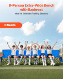 VEVOR pārnēsājams salokāms soliņš 8 personām ar atzveltni, futbola komandas rezerves soliņš ar sānu kabatām un pārnēsāšanas somu, viegls sēdvietu risinājums sportam, kempingam un āra pasākumiem, zils