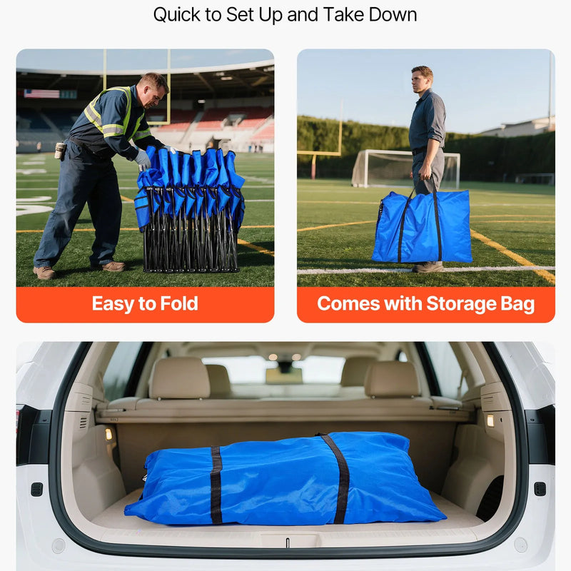VEVOR pārnēsājams salokāms soliņš 8 personām ar atzveltni, futbola komandas rezerves soliņš ar sānu kabatām un pārnēsāšanas somu, viegls sēdvietu risinājums sportam, kempingam un āra pasākumiem, zils