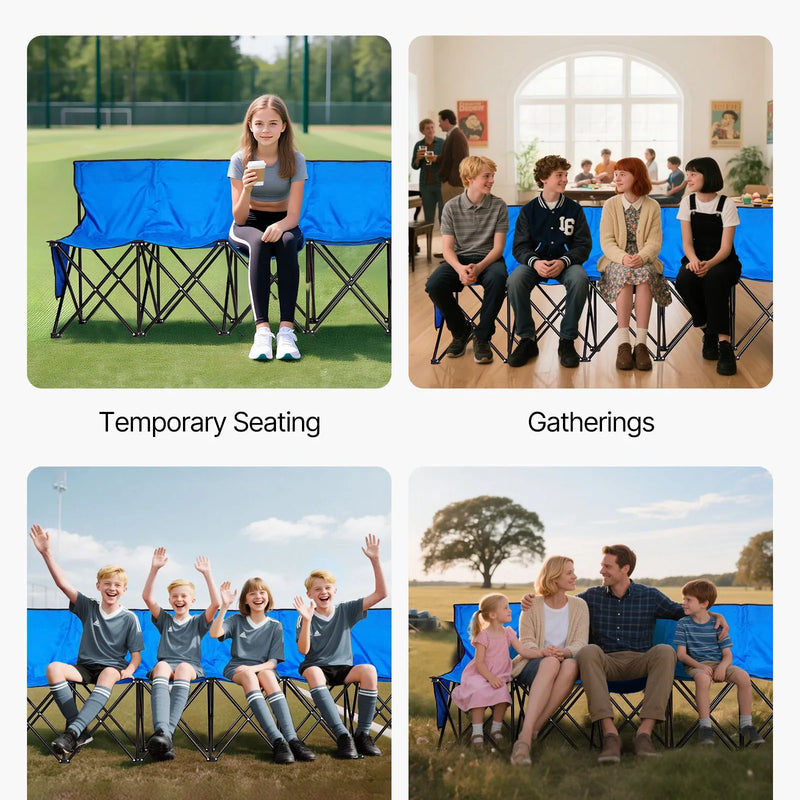 VEVOR pārnēsājams salokāms soliņš 8 personām ar atzveltni, futbola komandas rezerves soliņš ar sānu kabatām un pārnēsāšanas somu, viegls sēdvietu risinājums sportam, kempingam un āra pasākumiem, zils