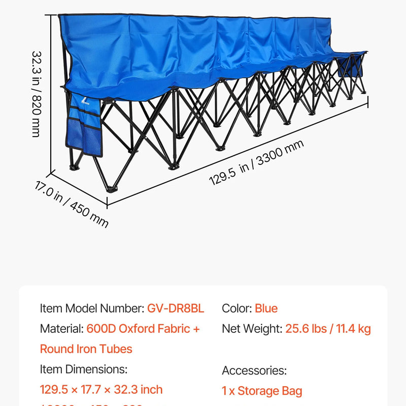 VEVOR pārnēsājams salokāms soliņš 8 personām ar atzveltni, futbola komandas rezerves soliņš ar sānu kabatām un pārnēsāšanas somu, viegls sēdvietu risinājums sportam, kempingam un āra pasākumiem, zils