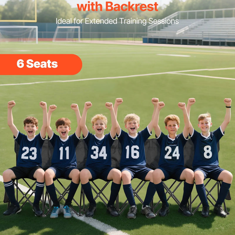 VEVOR pārnēsājams salokāms soliņš 6 personām ar vairākām uzglabāšanas kabatām, atzveltni un pārnēsāšanas somu, viegls rezerves soliņš sportam, kempingam un āra pasākumiem, melns