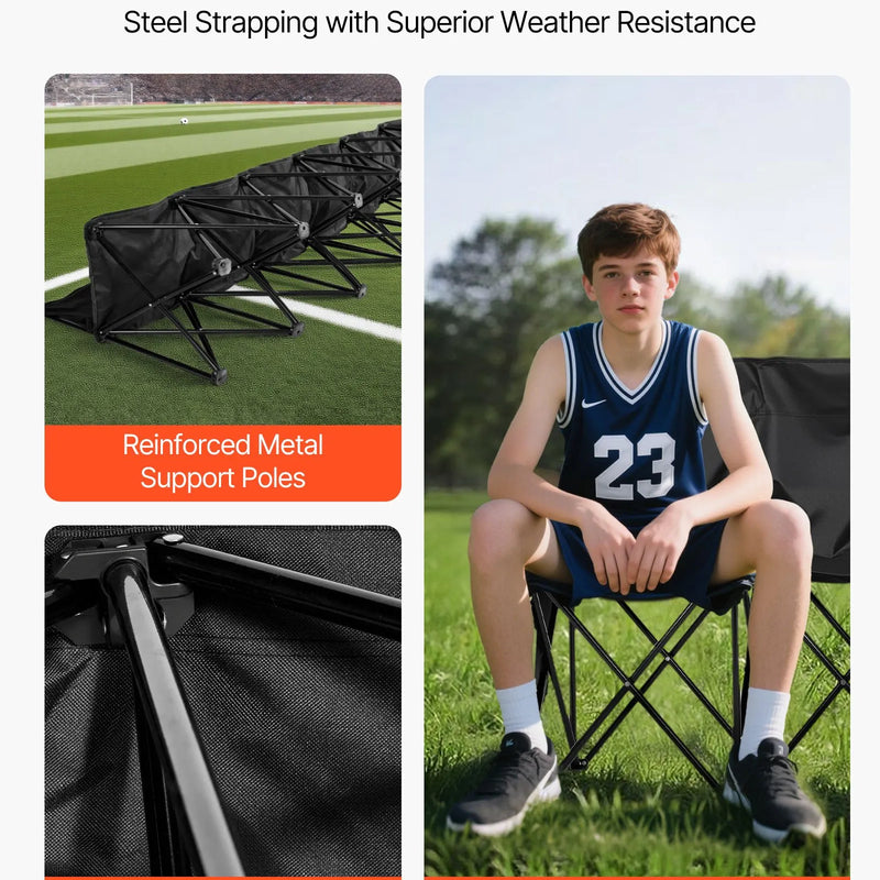 VEVOR pārnēsājams salokāms soliņš 6 personām ar vairākām uzglabāšanas kabatām, atzveltni un pārnēsāšanas somu, viegls rezerves soliņš sportam, kempingam un āra pasākumiem, melns