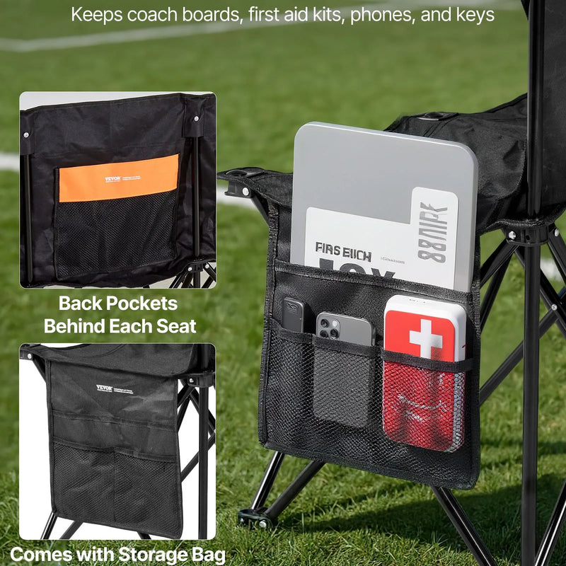 VEVOR pārnēsājams salokāms soliņš 6 personām ar vairākām uzglabāšanas kabatām, atzveltni un pārnēsāšanas somu, viegls rezerves soliņš sportam, kempingam un āra pasākumiem, melns