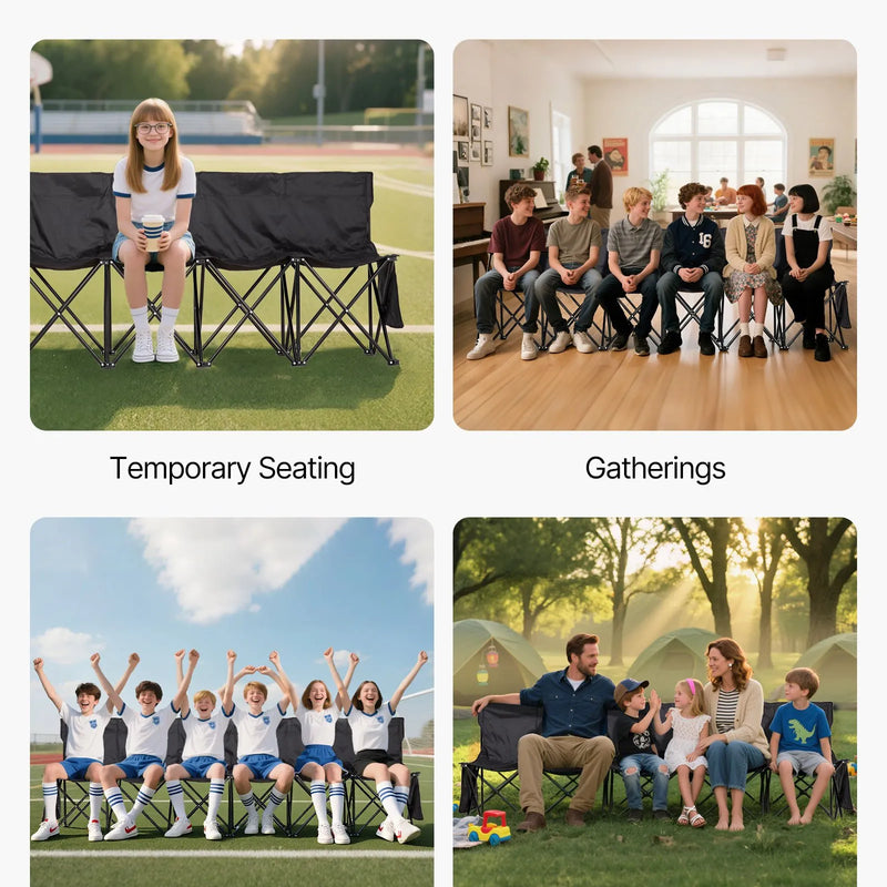 VEVOR pārnēsājams salokāms soliņš 6 personām ar vairākām uzglabāšanas kabatām, atzveltni un pārnēsāšanas somu, viegls rezerves soliņš sportam, kempingam un āra pasākumiem, melns