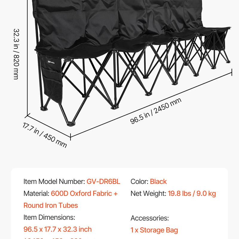 VEVOR pārnēsājams salokāms soliņš 6 personām ar vairākām uzglabāšanas kabatām, atzveltni un pārnēsāšanas somu, viegls rezerves soliņš sportam, kempingam un āra pasākumiem, melns