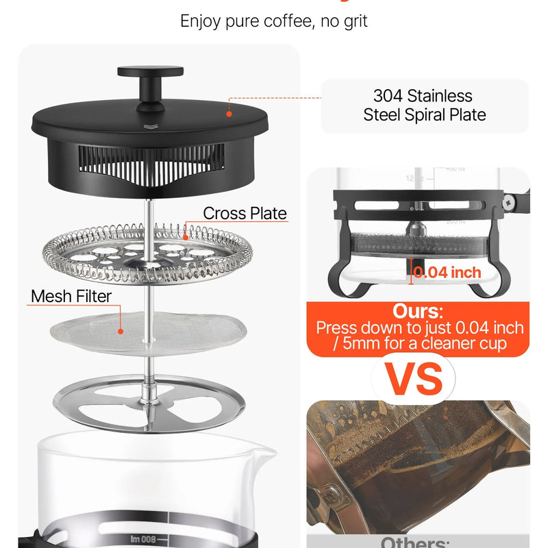 Franču kafijas prese, 1 l borosilikāta stikla ar nerūsējošā tērauda filtru, piemērota kafijai, tējai un aukstajai brūvēšanai, kempingam, ceļošanai un mājas virtuvei, sudraba krāsa