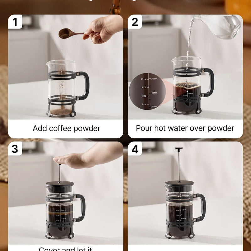 Franču kafijas prese, 1 l borosilikāta stikla ar nerūsējošā tērauda filtru, piemērota kafijai, tējai un aukstajai brūvēšanai, kempingam, ceļošanai un mājas virtuvei, sudraba krāsa