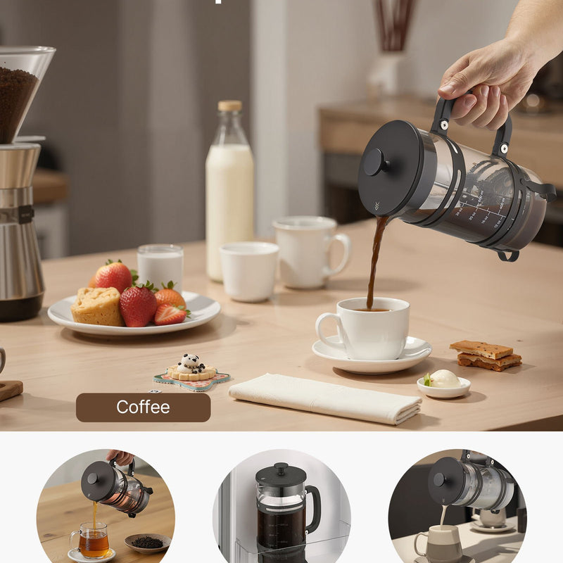 Franču kafijas prese, 1 l borosilikāta stikla ar nerūsējošā tērauda filtru, piemērota kafijai, tējai un aukstajai brūvēšanai, kempingam, ceļošanai un mājas virtuvei, sudraba krāsa