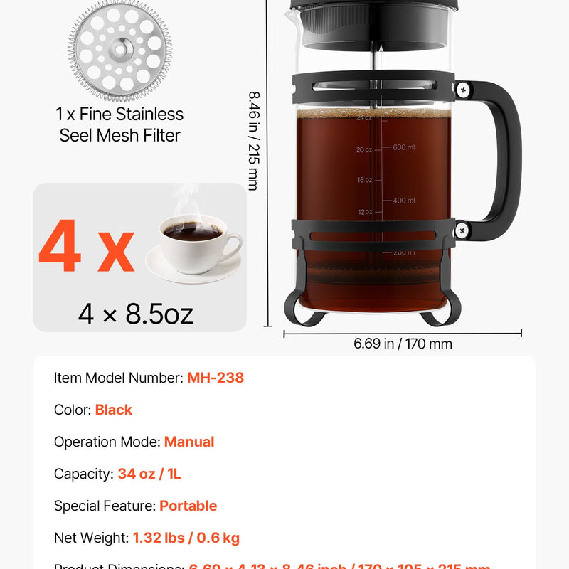 Franču kafijas prese, 1 l borosilikāta stikla ar nerūsējošā tērauda filtru, piemērota kafijai, tējai un aukstajai brūvēšanai, kempingam, ceļošanai un mājas virtuvei, sudraba krāsa