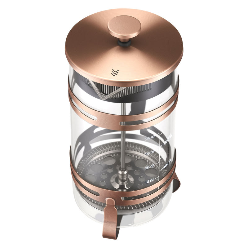 Franču kafijas prese, 1 l borosilikāta stikla ar nerūsējošā tērauda filtru, piemērota kafijai, tējai un aukstajai brūvēšanai, kempingam, ceļošanai un mājas virtuvei, vara krāsa