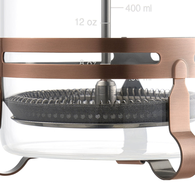 Franču kafijas prese, 1 l borosilikāta stikla ar nerūsējošā tērauda filtru, piemērota kafijai, tējai un aukstajai brūvēšanai, kempingam, ceļošanai un mājas virtuvei, vara krāsa