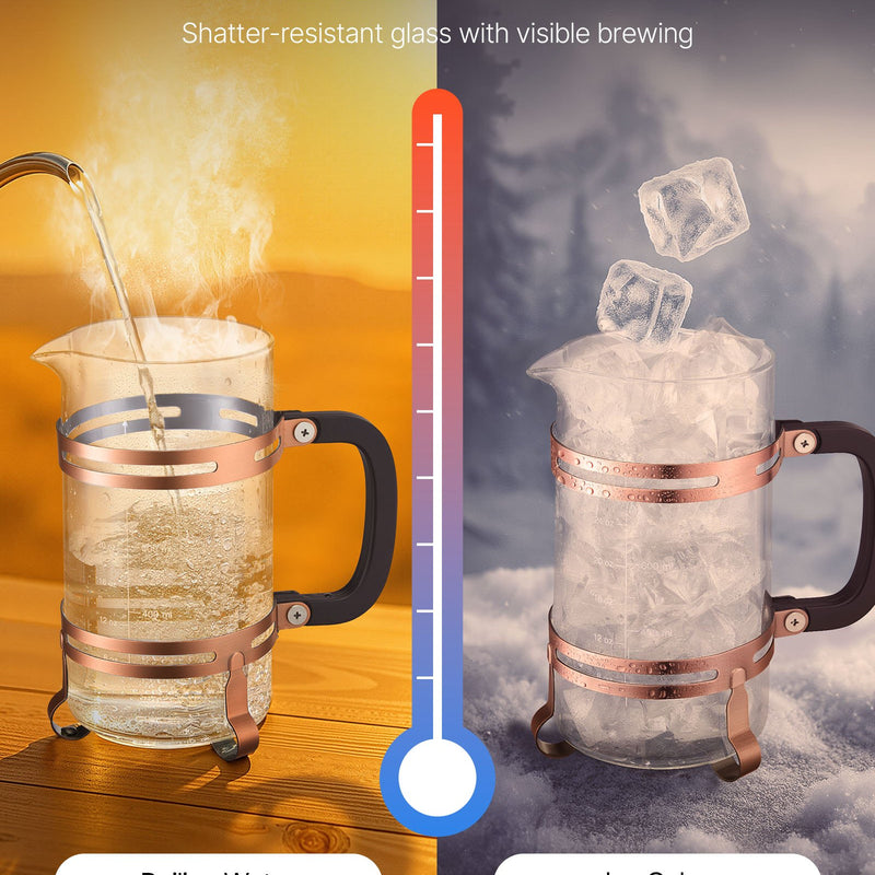 Franču kafijas prese, 1 l borosilikāta stikla ar nerūsējošā tērauda filtru, piemērota kafijai, tējai un aukstajai brūvēšanai, kempingam, ceļošanai un mājas virtuvei, vara krāsa