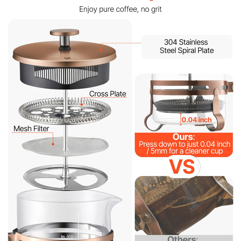 Franču kafijas prese, 1 l borosilikāta stikla ar nerūsējošā tērauda filtru, piemērota kafijai, tējai un aukstajai brūvēšanai, kempingam, ceļošanai un mājas virtuvei, vara krāsa