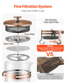 Franču kafijas prese, 1 l borosilikāta stikla ar nerūsējošā tērauda filtru, piemērota kafijai, tējai un aukstajai brūvēšanai, kempingam, ceļošanai un mājas virtuvei, vara krāsa