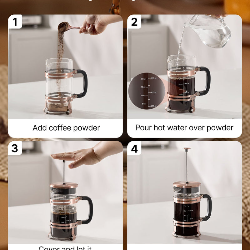 Franču kafijas prese, 1 l borosilikāta stikla ar nerūsējošā tērauda filtru, piemērota kafijai, tējai un aukstajai brūvēšanai, kempingam, ceļošanai un mājas virtuvei, vara krāsa