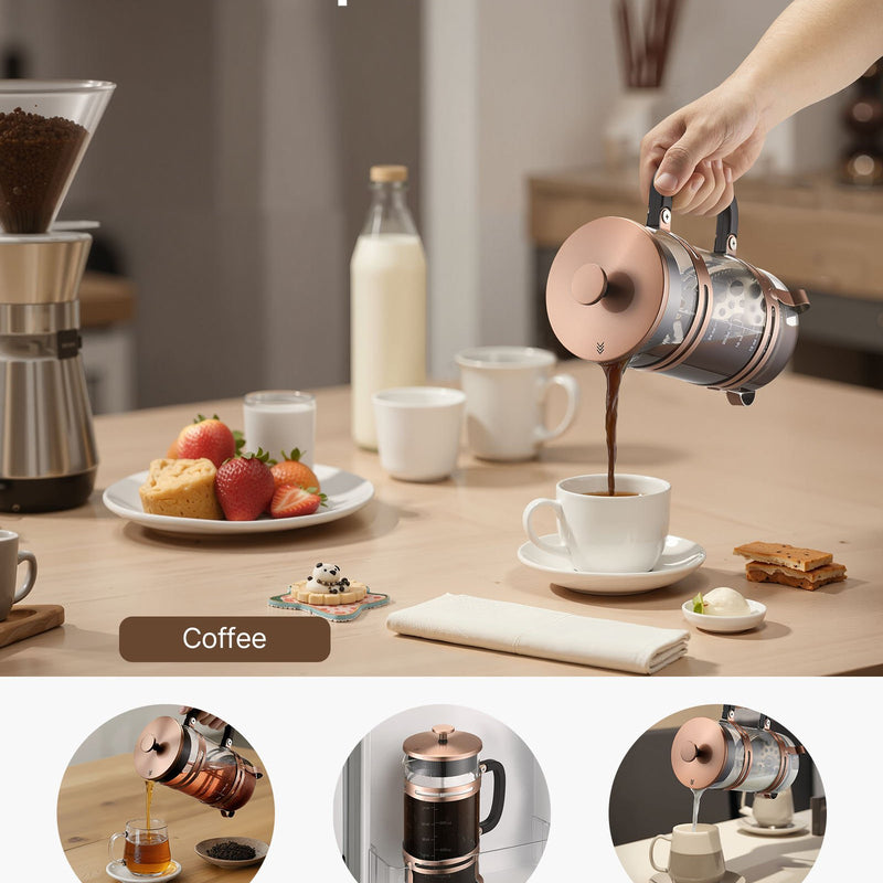 Franču kafijas prese, 1 l borosilikāta stikla ar nerūsējošā tērauda filtru, piemērota kafijai, tējai un aukstajai brūvēšanai, kempingam, ceļošanai un mājas virtuvei, vara krāsa
