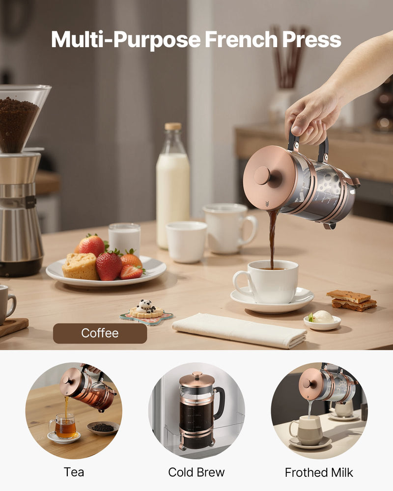 Franču kafijas prese, 1 l borosilikāta stikla ar nerūsējošā tērauda filtru, piemērota kafijai, tējai un aukstajai brūvēšanai, kempingam, ceļošanai un mājas virtuvei, vara krāsa