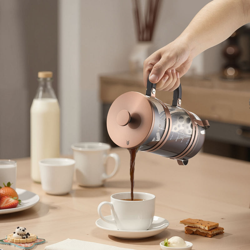 Franču kafijas prese, 1 l borosilikāta stikla ar nerūsējošā tērauda filtru, piemērota kafijai, tējai un aukstajai brūvēšanai, kempingam, ceļošanai un mājas virtuvei, vara krāsa