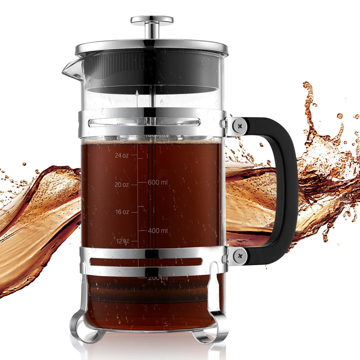 French Coffee Press, 1 L Borosilicate Glass with Stainless Steel Filter, Suitable for Coffee, Tea and Cold Brewing, Camping, Travel and Home Kitchen, Silver