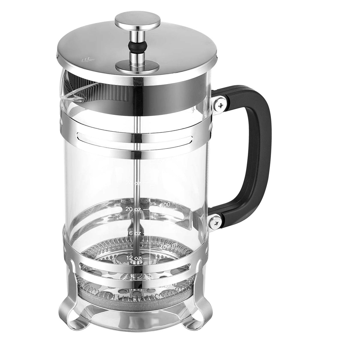 French Coffee Press, 1 L Borosilicate Glass with Stainless Steel Filter, Suitable for Coffee, Tea and Cold Brewing, Camping, Travel and Home Kitchen, Silver