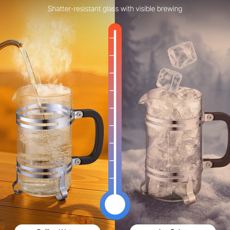 Franču kafijas prese, 1 l borosilikāta stikla ar nerūsējošā tērauda filtru, piemērota kafijai, tējai un aukstajai brūvēšanai, kempingam, ceļošanai un mājas virtuvei, sudraba krāsa