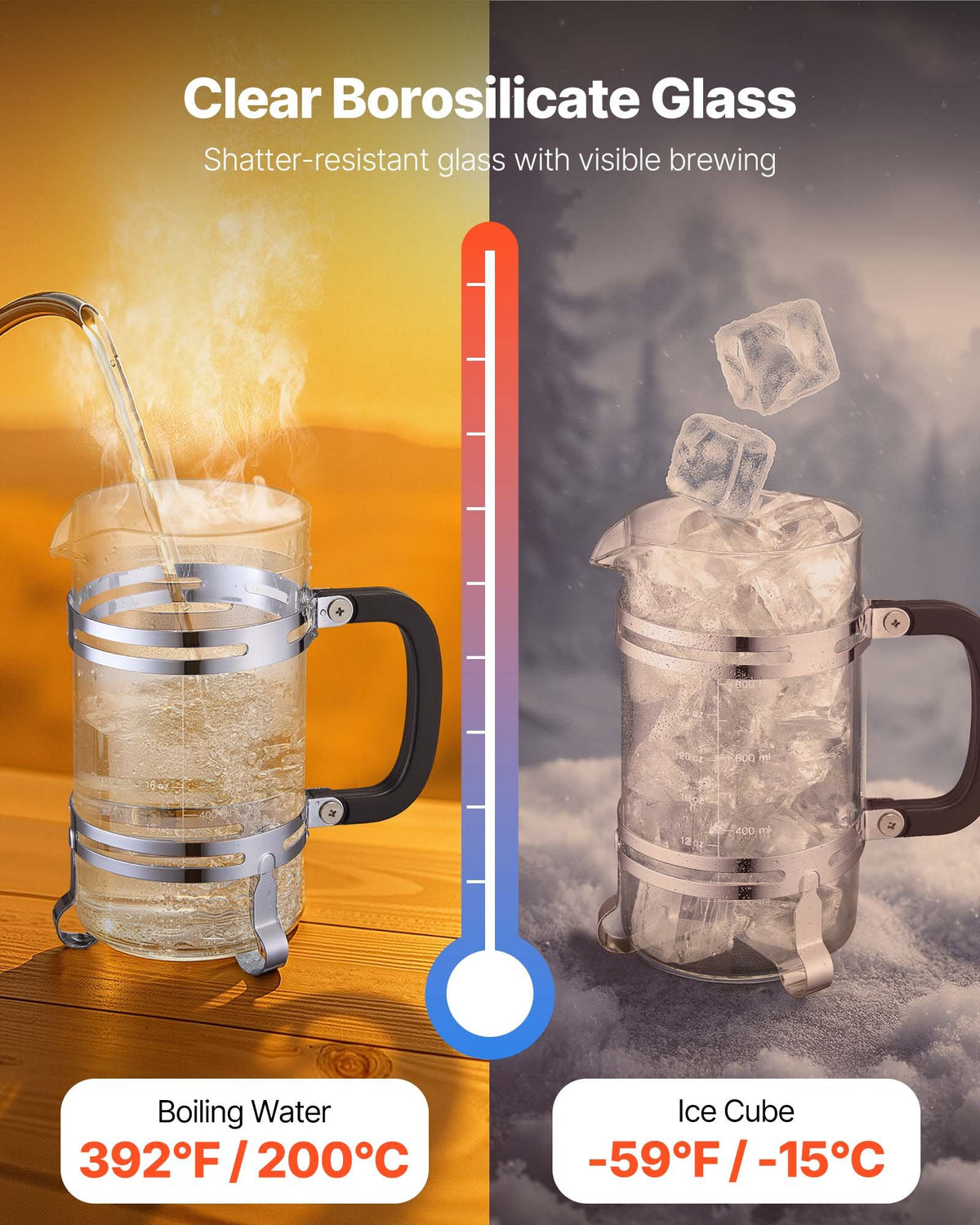 French Coffee Press, 1 L Borosilicate Glass with Stainless Steel Filter, Suitable for Coffee, Tea and Cold Brewing, Camping, Travel and Home Kitchen, Silver