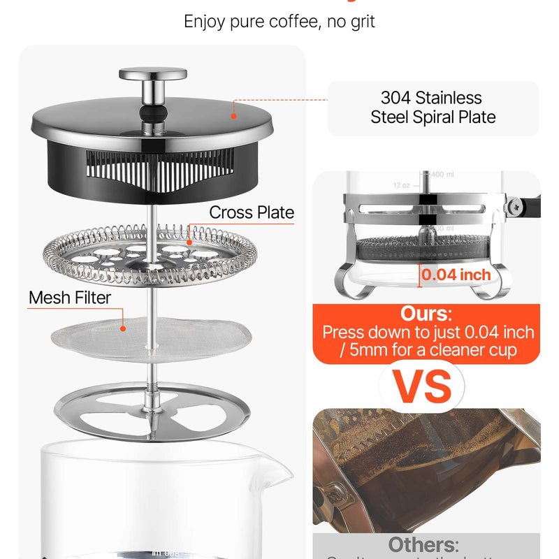 Franču kafijas prese, 1 l borosilikāta stikla ar nerūsējošā tērauda filtru, piemērota kafijai, tējai un aukstajai brūvēšanai, kempingam, ceļošanai un mājas virtuvei, sudraba krāsa