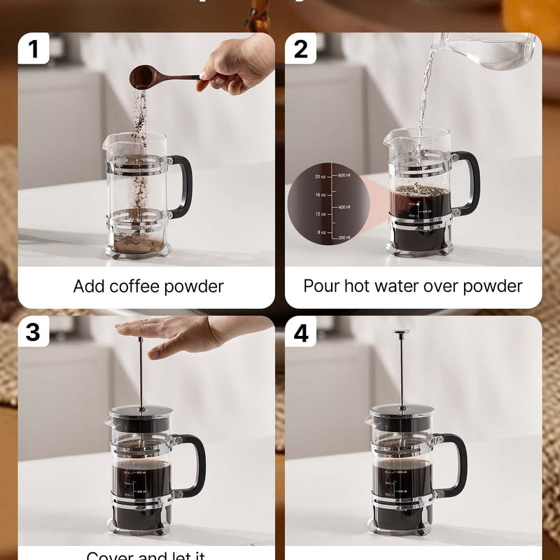 Franču kafijas prese, 1 l borosilikāta stikla ar nerūsējošā tērauda filtru, piemērota kafijai, tējai un aukstajai brūvēšanai, kempingam, ceļošanai un mājas virtuvei, sudraba krāsa