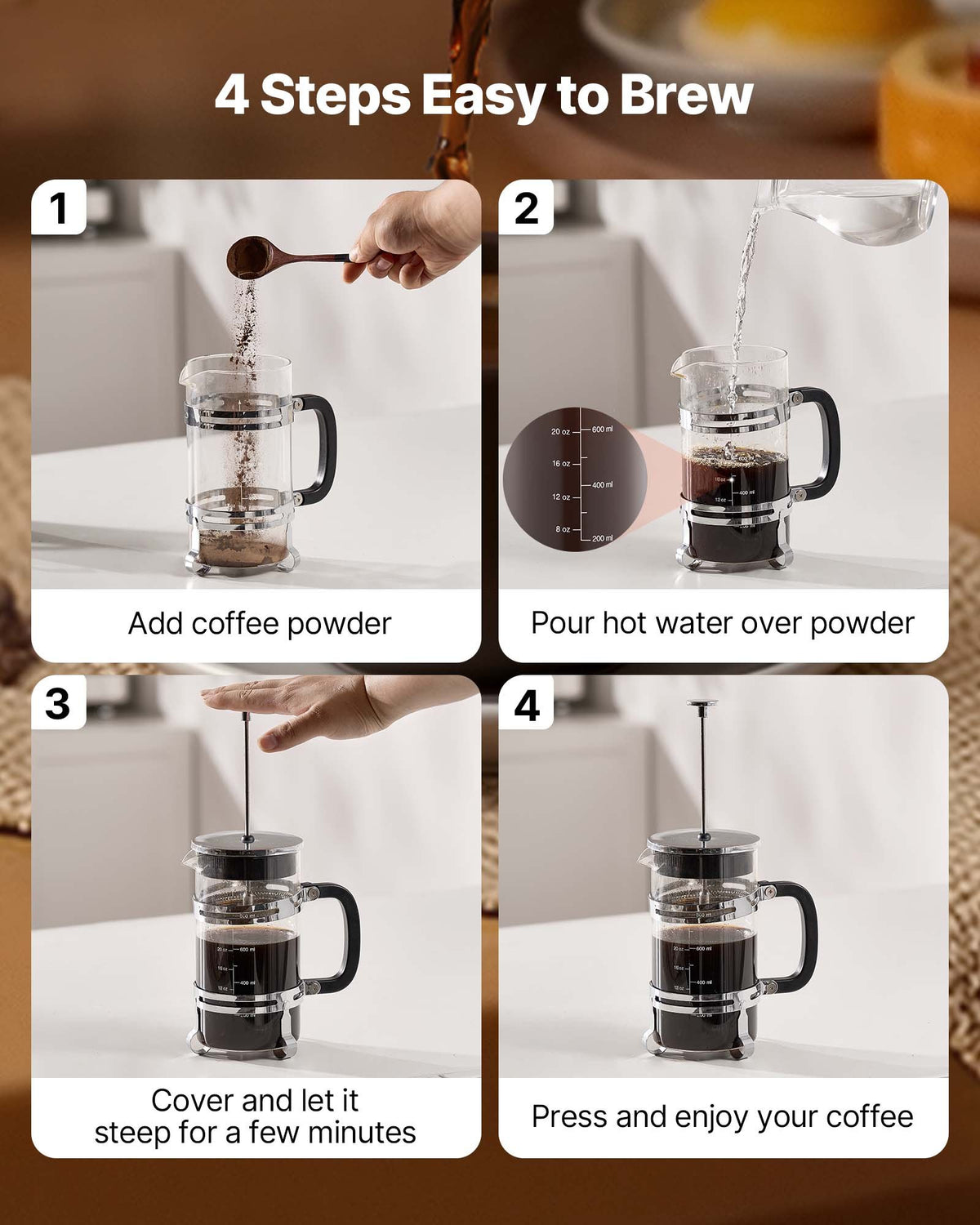 French Coffee Press, 1 L Borosilicate Glass with Stainless Steel Filter, Suitable for Coffee, Tea and Cold Brewing, Camping, Travel and Home Kitchen, Silver