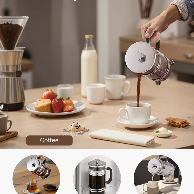 Franču kafijas prese, 1 l borosilikāta stikla ar nerūsējošā tērauda filtru, piemērota kafijai, tējai un aukstajai brūvēšanai, kempingam, ceļošanai un mājas virtuvei, sudraba krāsa