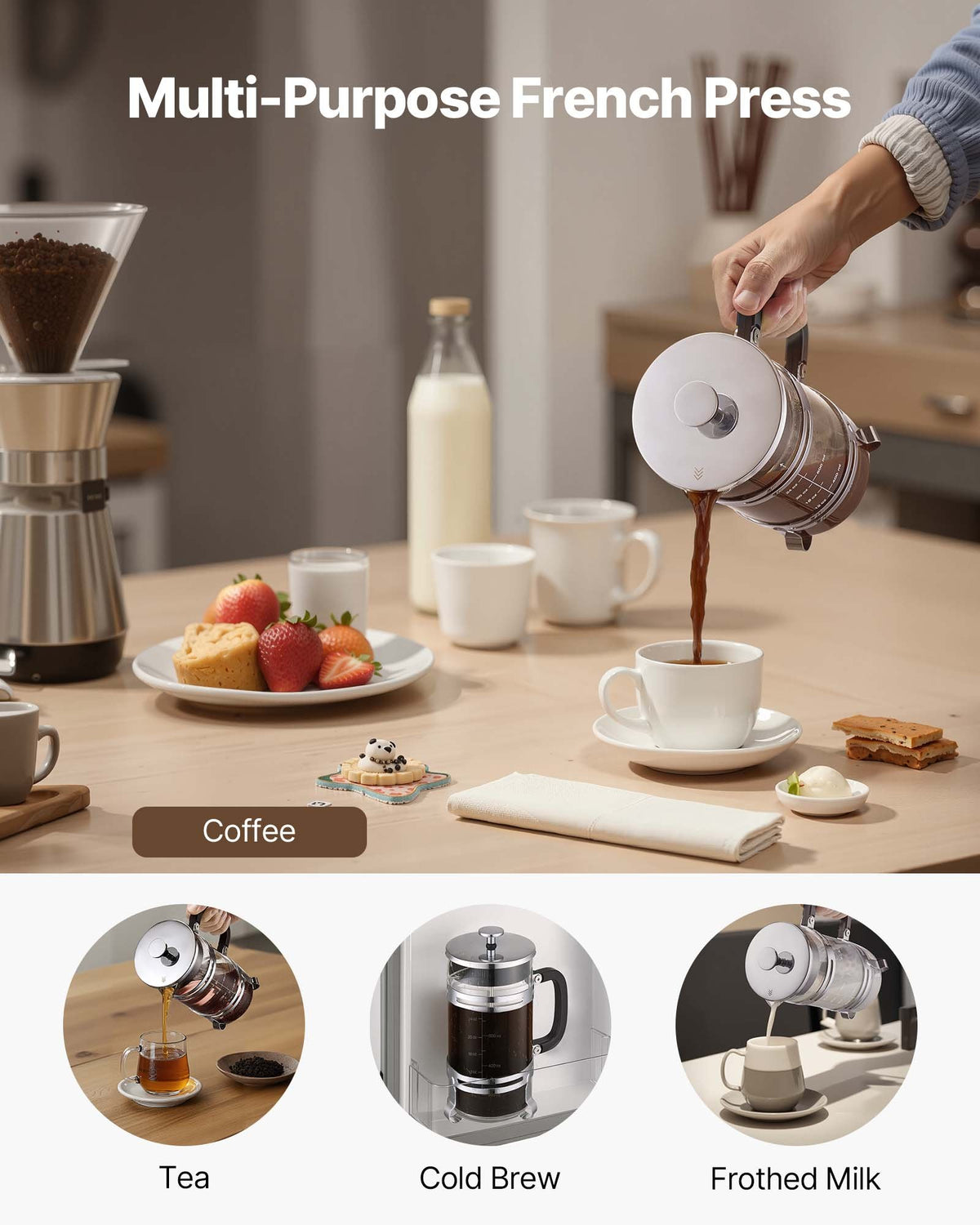 French Coffee Press, 1 L Borosilicate Glass with Stainless Steel Filter, Suitable for Coffee, Tea and Cold Brewing, Camping, Travel and Home Kitchen, Silver